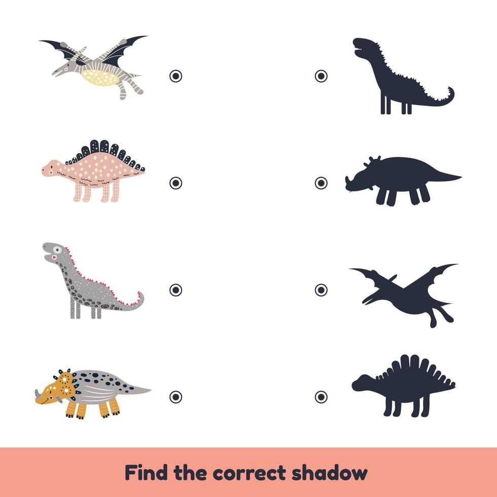 juego de correspondencias para niños en edad preescolar y jardín de infantes. encuentra la sombra correcta. dinosaurios lindos. vector