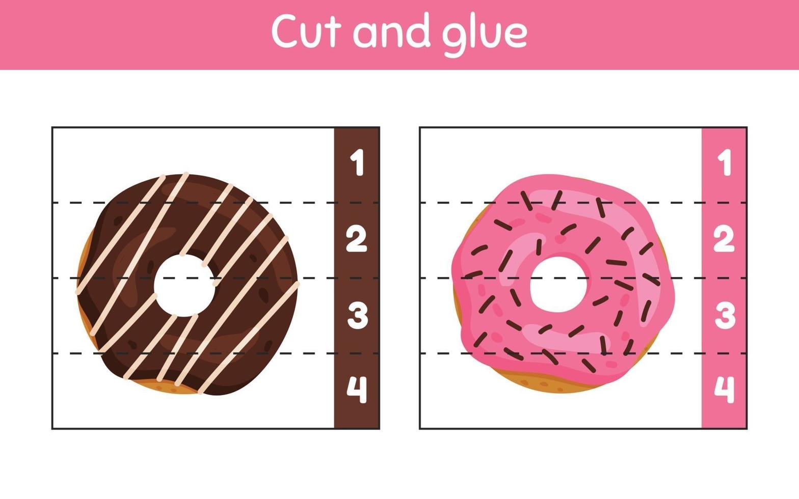 Cut and glue. Learning numbers. Worksheet for kids kindergarten, preschool and school age. Donuts. vector