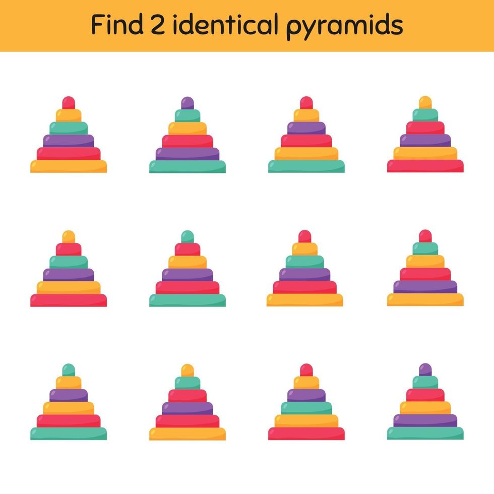 Encuentra dos pirámides idénticas. hoja de trabajo para niños en edad preescolar, preescolar y escolar. vector