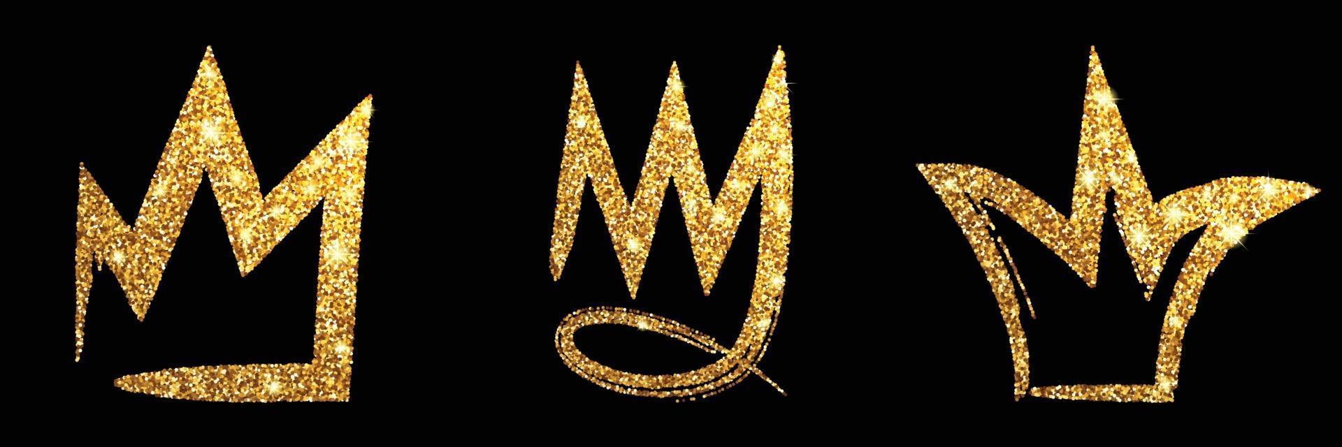 Set gold glitter hand drawn crown. Sign king, queen, princess. vector