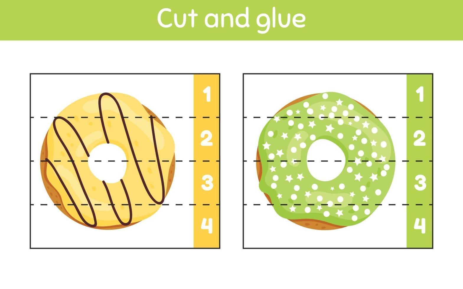 Cut and glue. Learning numbers. Worksheet for kids kindergarten, preschool and school age. Donuts. vector