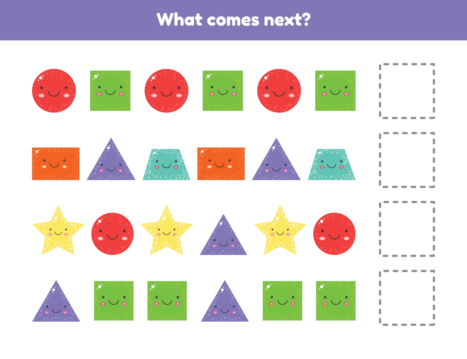 What comes next. Continue the sequence. Geometric shapes. Worksheet for