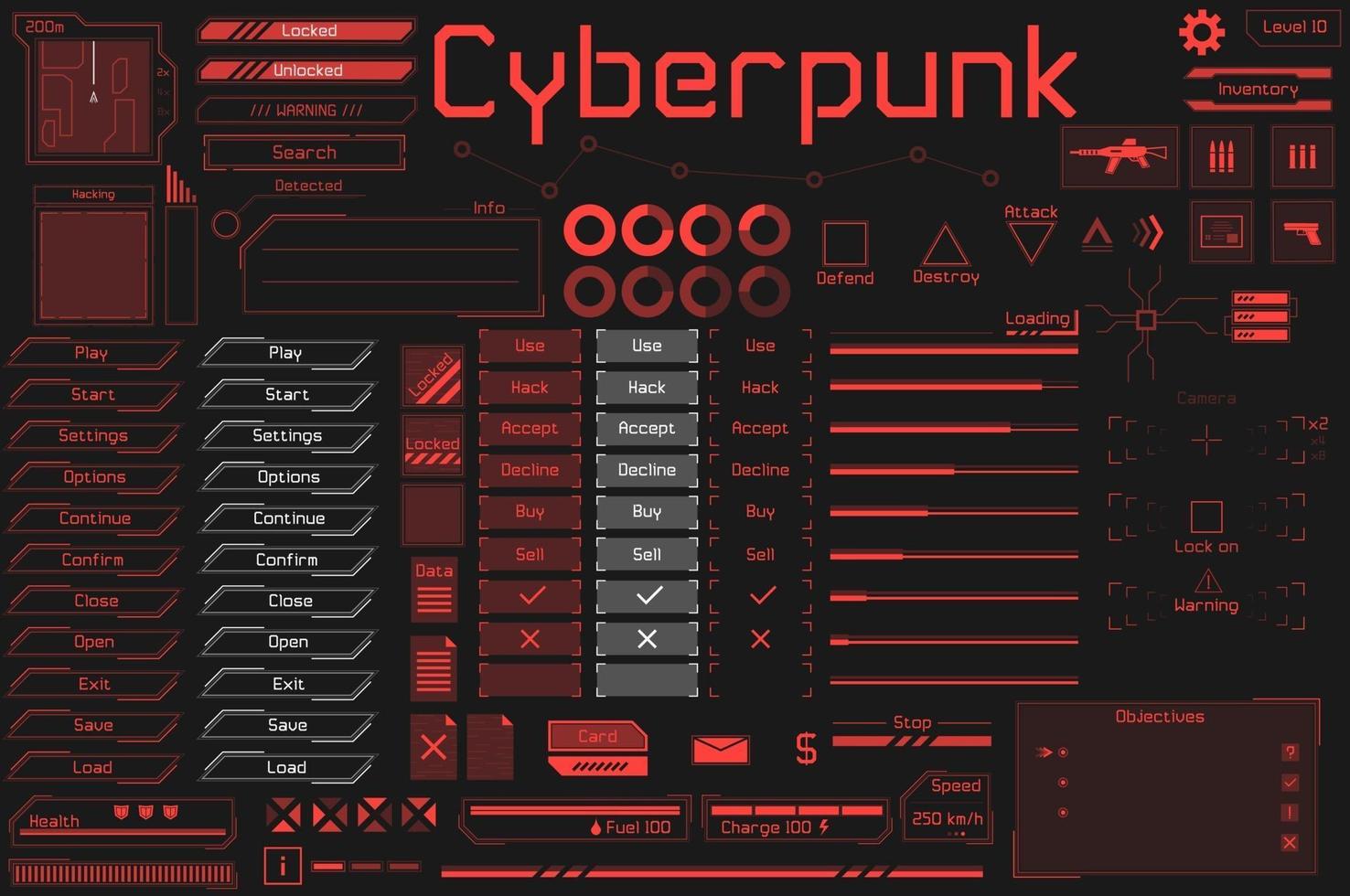 Set of UI and HUD game ready elements in digital and cyberpunk style. vector