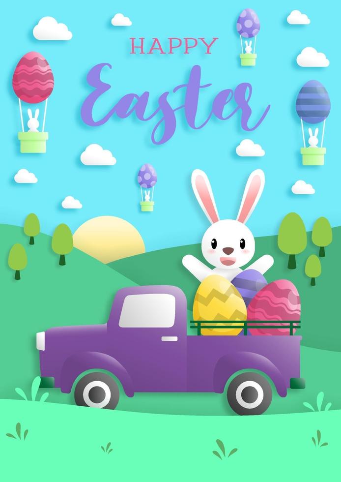 feliz día de pascua en papel estilo arte con conejo y huevos de pascua. tarjeta de felicitación, carteles y papel tapiz. ilustración vectorial. vector