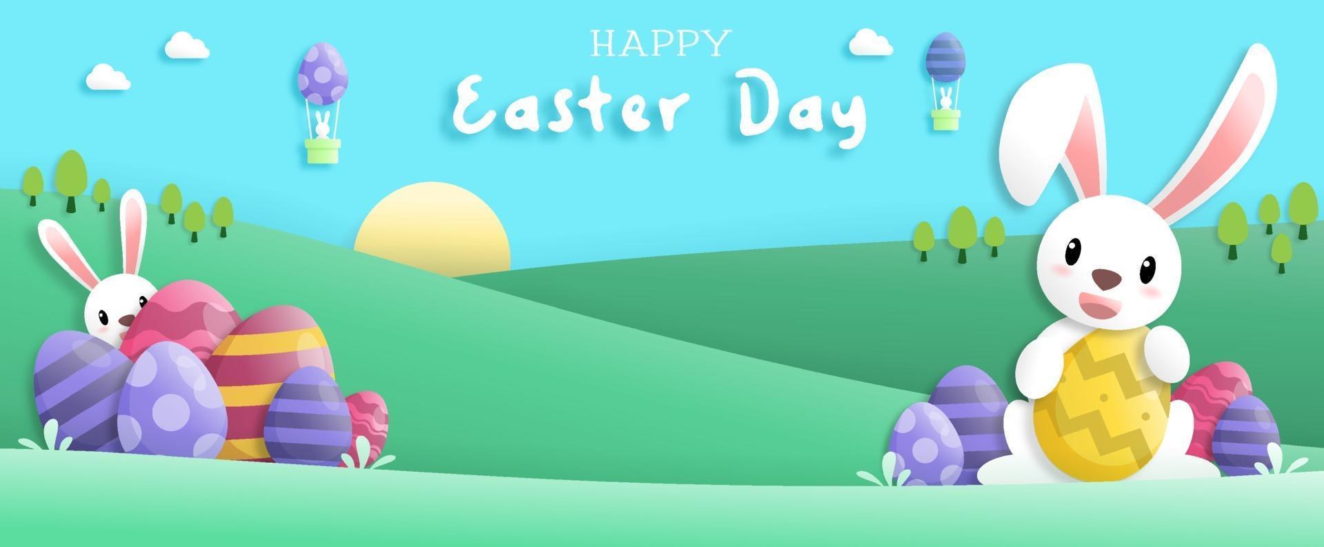 feliz día de pascua en papel estilo arte con conejo y huevos de pascua. tarjeta de felicitación, carteles y papel tapiz. ilustración vectorial. vector