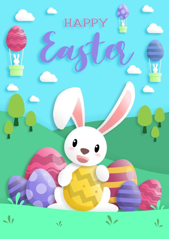 Happy easter day in paper art style with rabbit and easter eggs. greeting card, posters and wallpaper. Vector illustration.