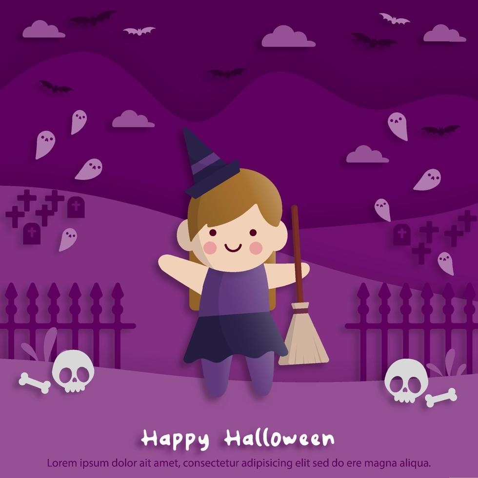 feliz fiesta de halloween en estilo de arte de papel con un niño vestido con un disfraz de bruja. tarjeta de felicitación, carteles y papel tapiz. ilustración vectorial. vector