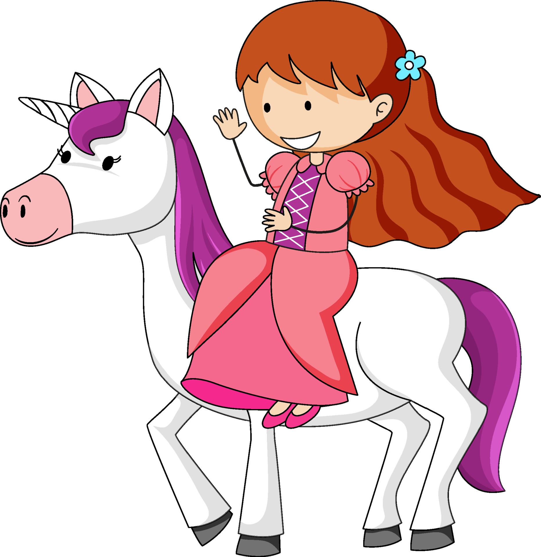 Simple cartoon character of a princess riding a unicorn isolated