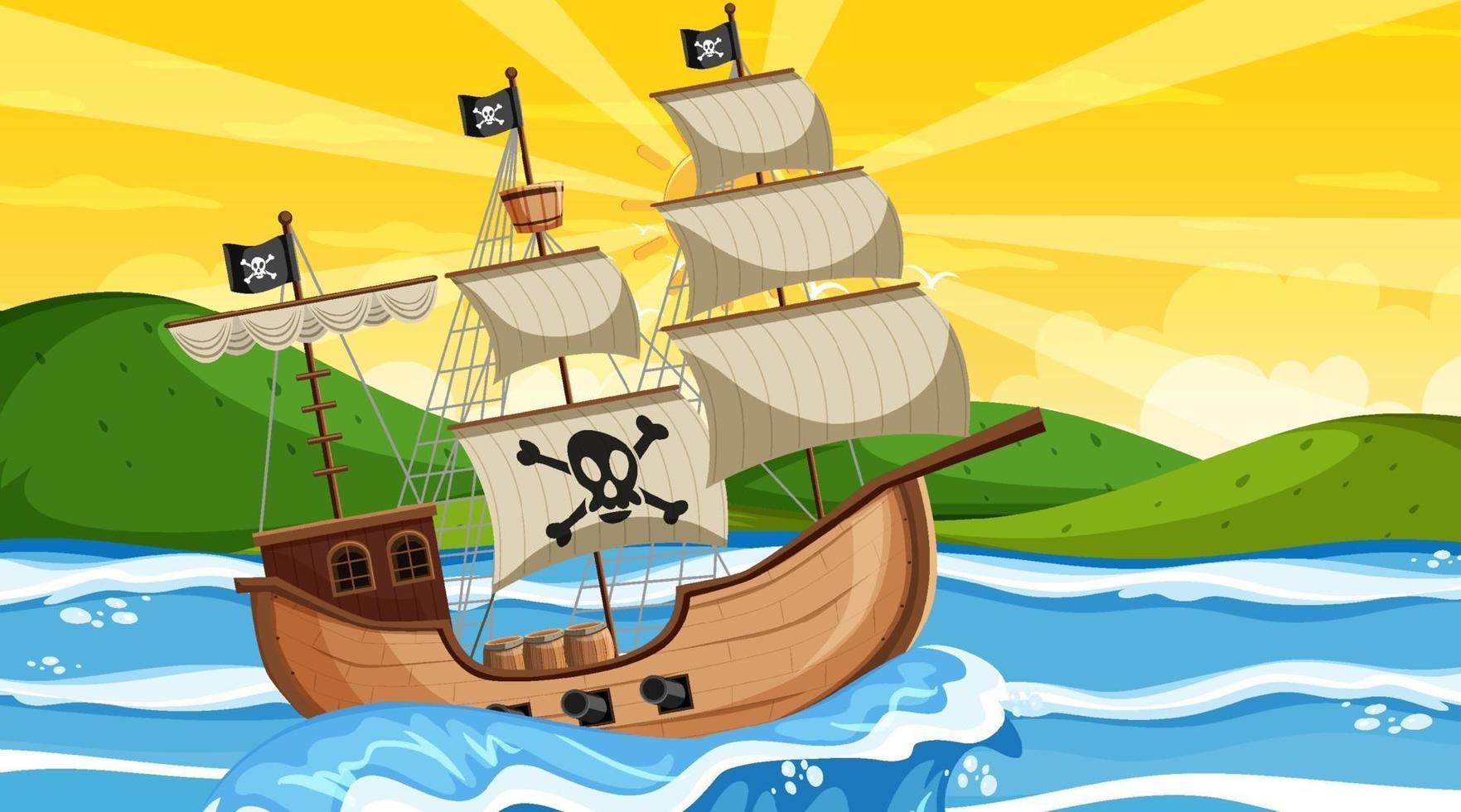 Océano con barco pirata en la escena del atardecer en estilo de dibujos animados vector