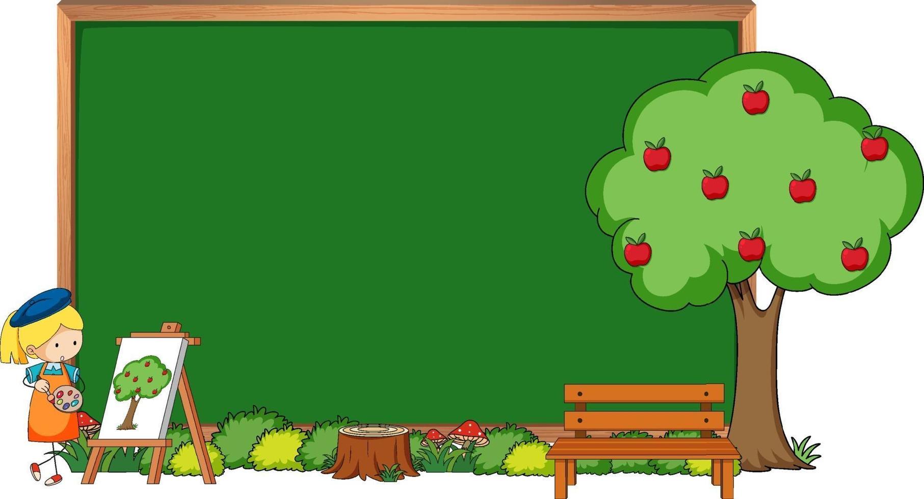 Empty blackboard with an artist girl and apple tree isolated vector