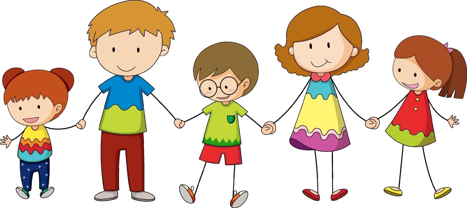 Three kids holding hands cartoon character hand drawn doodle style isolated vector