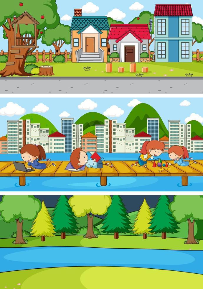 Set of different horizontal scenes background with doodle kids cartoon character vector