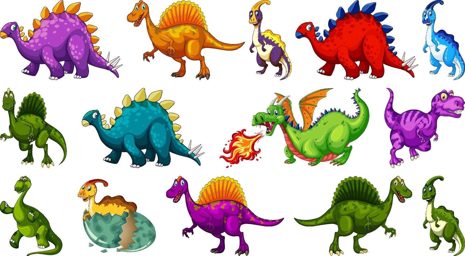 Different dinosaurs cartoon character and fantasy dragons isolated vector