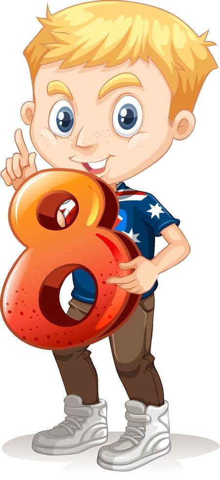 Cute boy with blonde hair holding math number eight vector