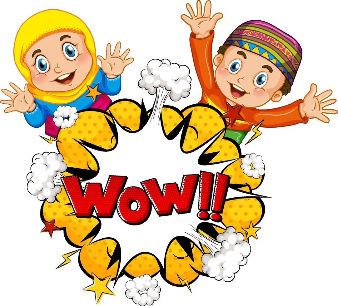 WOW word on bomb explosion with muslim children cartoon character isolated vector