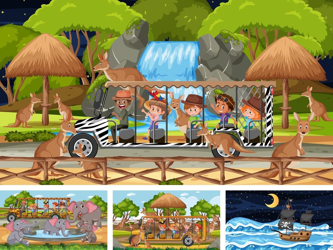 Set of different scenes with pirate ship at the sea and animals in the zoo vector