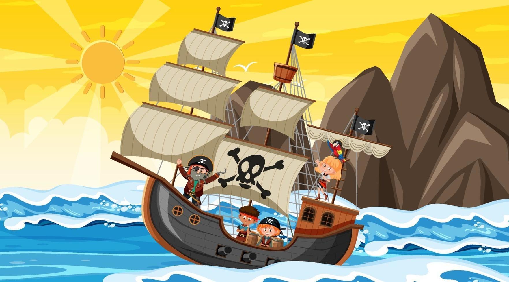 océano con barco pirata en la escena del atardecer en estilo de dibujos animados vector