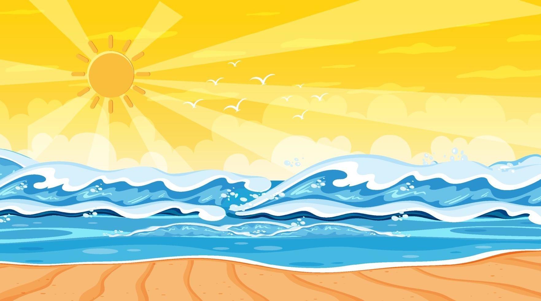 paisaje de playa en la escena del atardecer con olas del mar vector