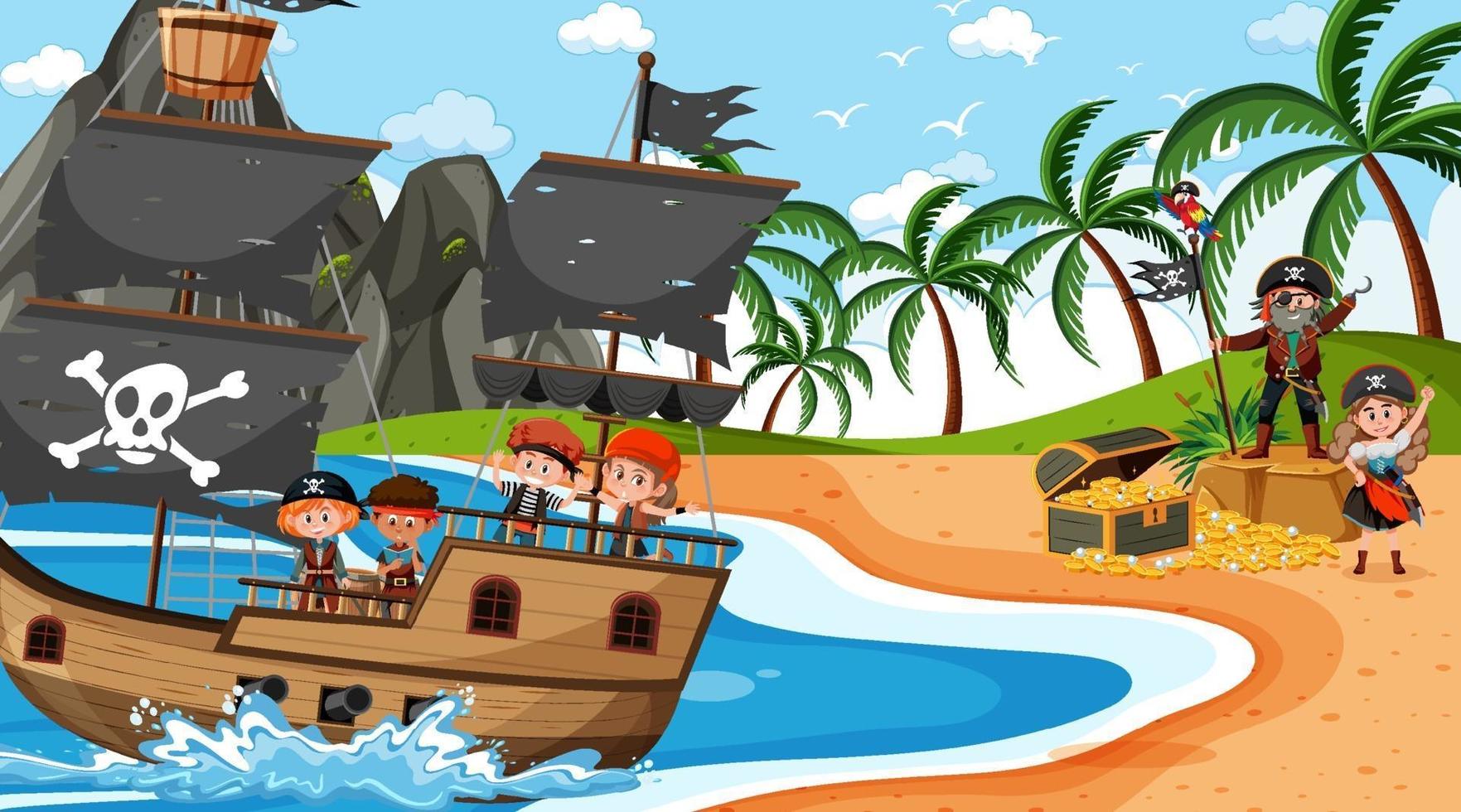 playa durante el día con niños piratas en el barco. vector