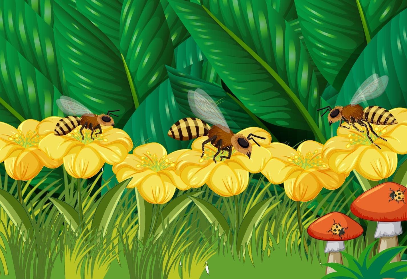 Close up flowers and leaves scene with many bees vector