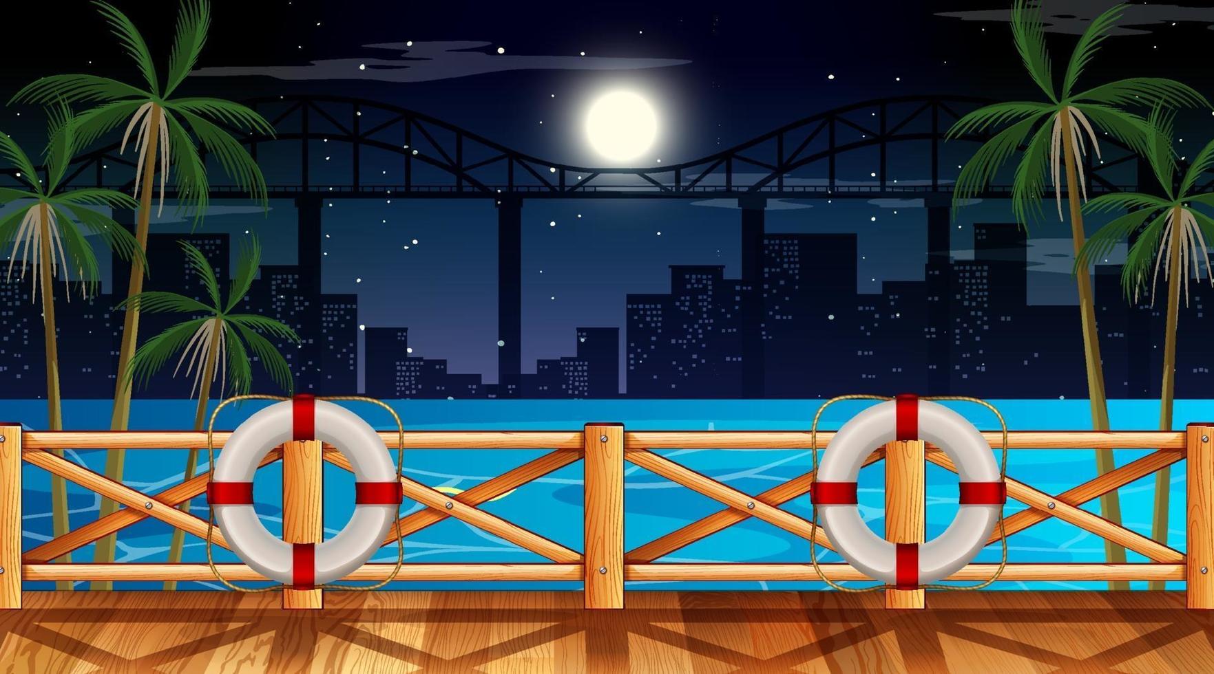 Escena de paisaje de playa tropical en la noche con fondo de paisaje urbano vector