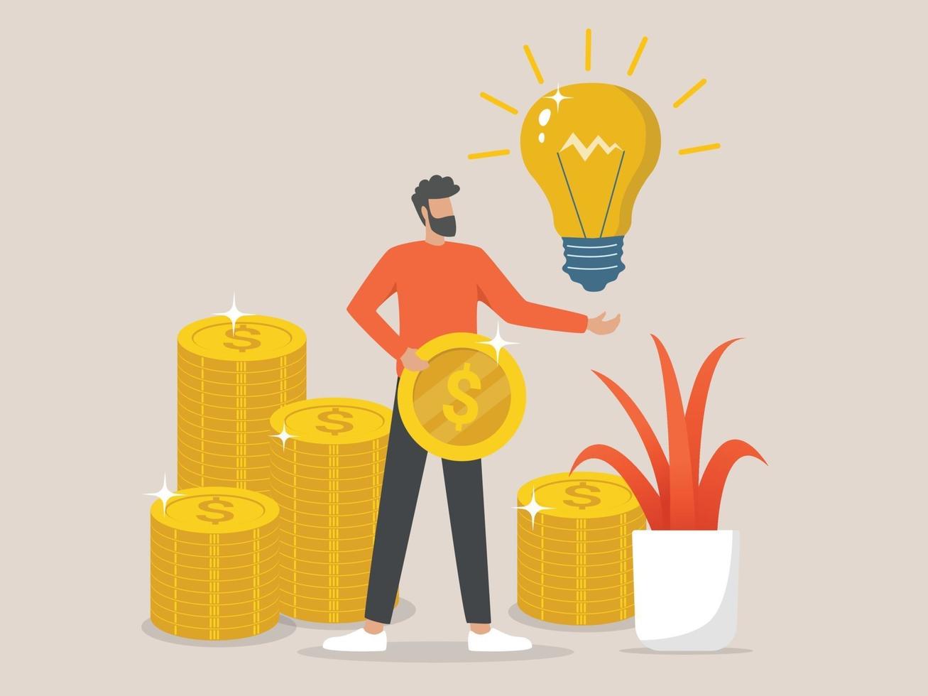 Successful business man has an idea with a gold coin in his hand vector