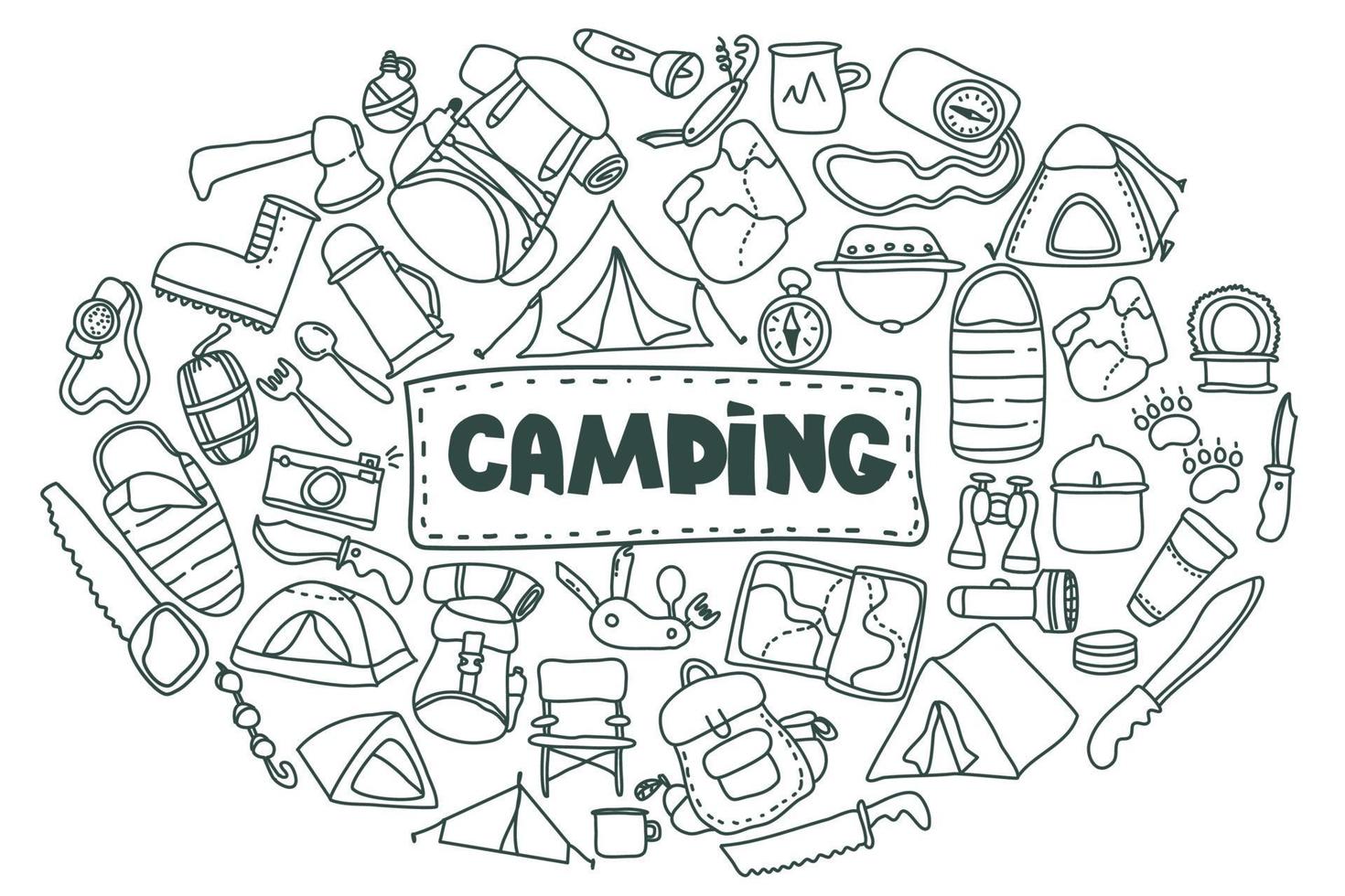 Camping and hiking equipment doodle icons set. Set of things that you will need when Hiking and trekking. Hand drawn tourism set for postcard, banner, design. vector