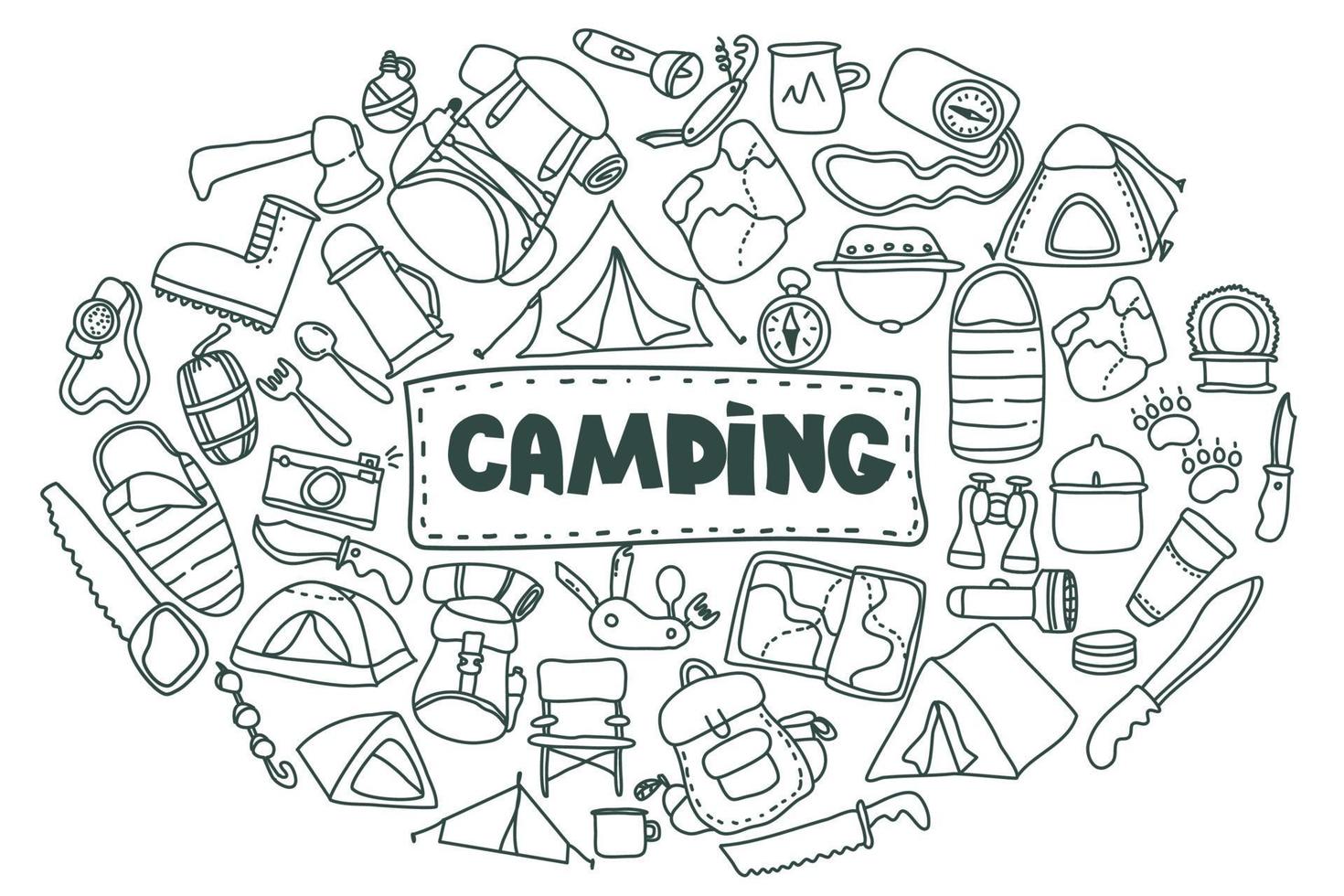 Conjunto de iconos de doodle de equipo de camping y senderismo. conjunto de cosas que necesitará al hacer senderismo y trekking. turismo dibujado a mano para postal, banner, diseño. vector