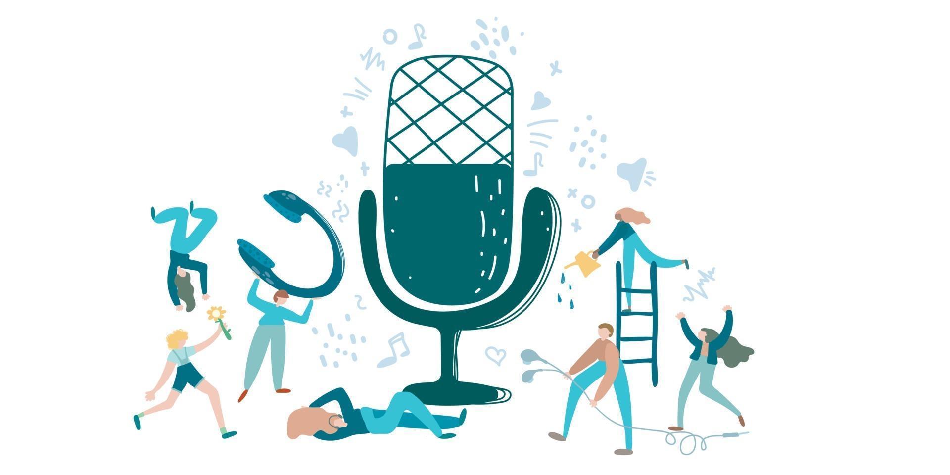 Podcast vector illustration. Audio chat talk show, discussion and interview persons concept. Virtual media communication with microphone. Clubhouse, audio chat concept. Influencer marketing entertainment performance business