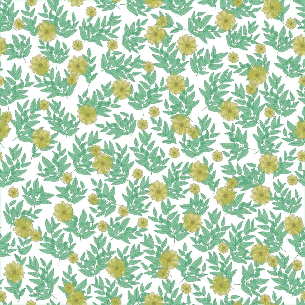 Floral pattern. Pretty yellow flowers, green leaves on white background. Printing with small flowers and branches. Vintage flowers pattern. Simple floral background for fabric, wrapping and scrapbook. vector