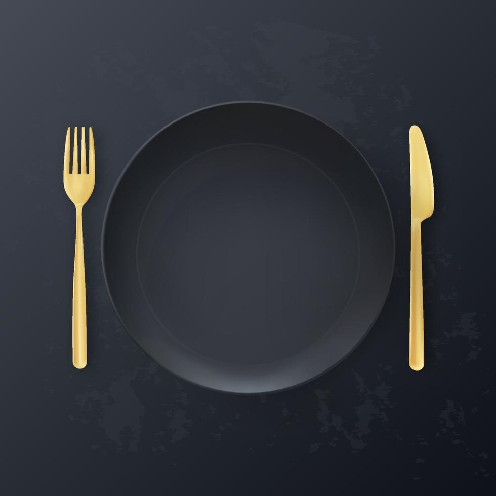 top view Black plate and cutlery on a black background. 3d realistic vector