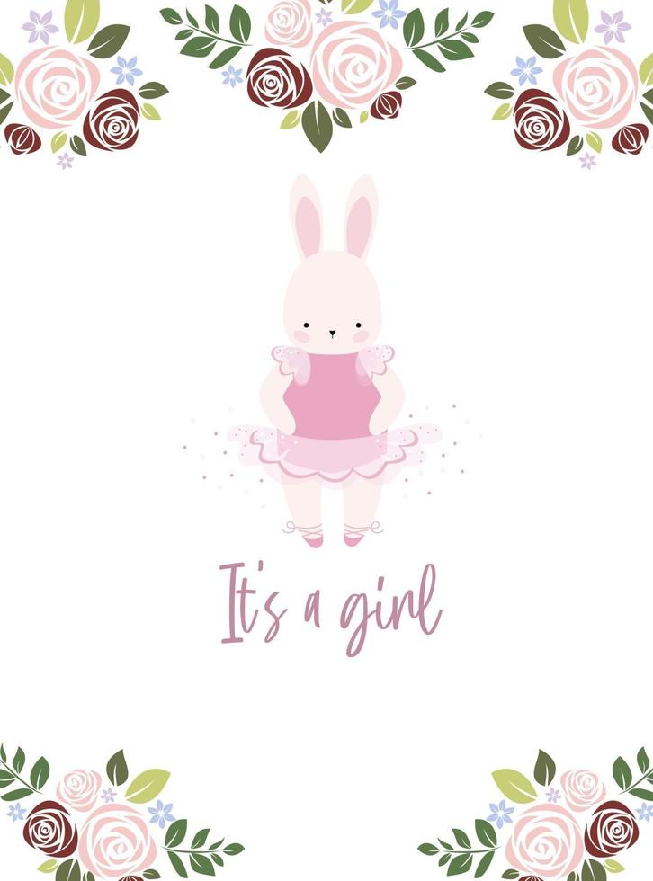 Baby shower girl, invitation card template with cute little ballerina bunny, flowers and place for text.  Flat style. Vector illustration