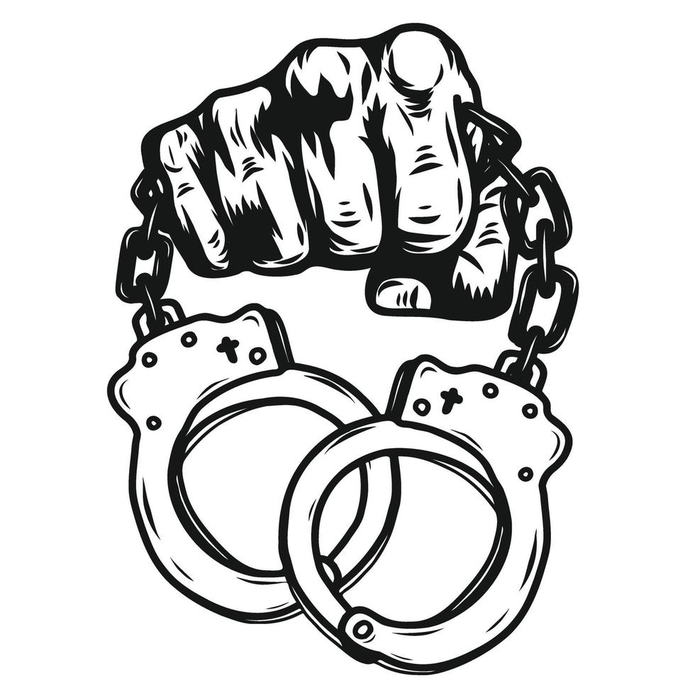 Fist with shackle by hand drawing. Graphic hand Screen Printed T Shirt vector