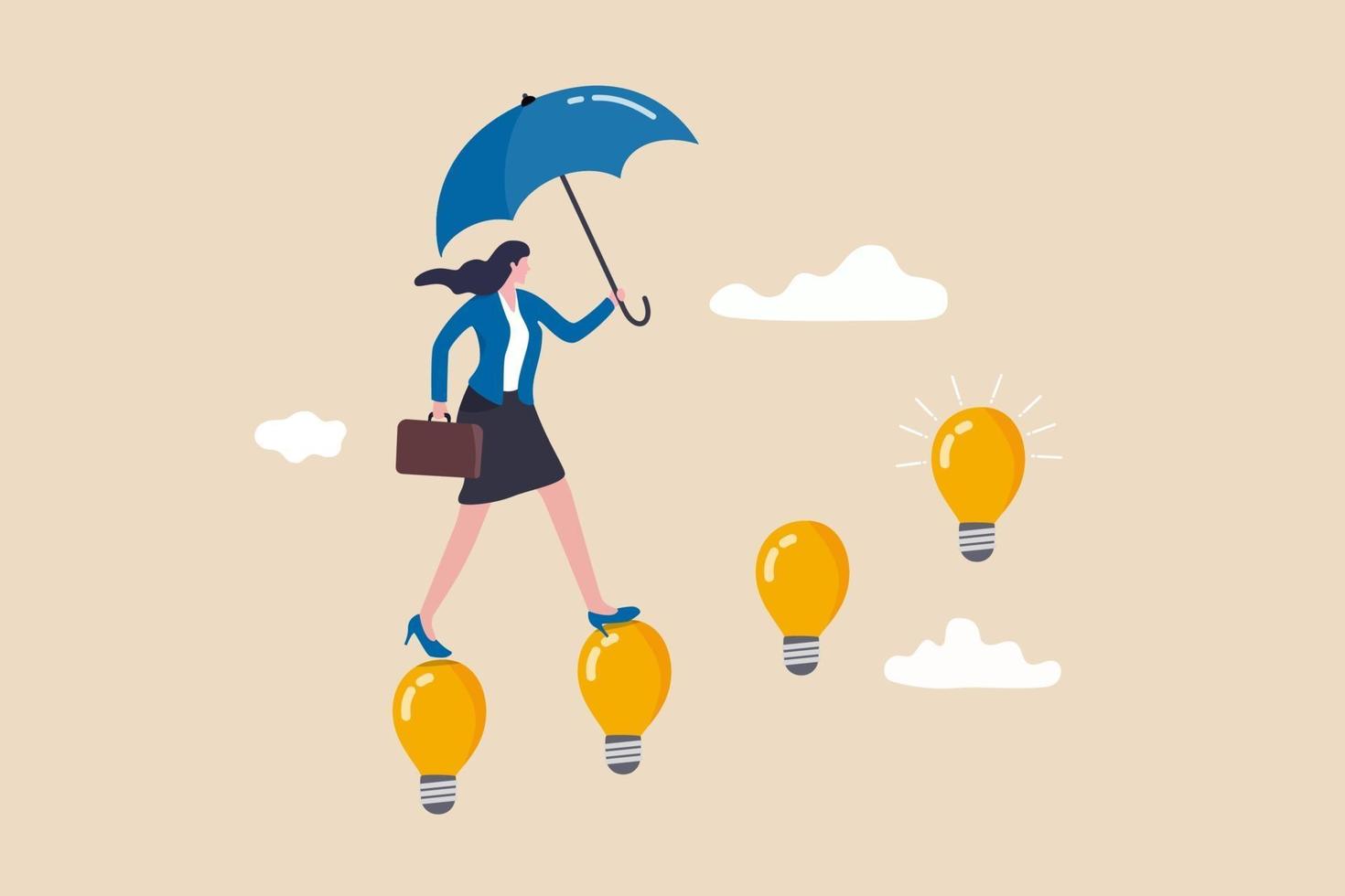 Career success with business knowledge or creativity, woman leadership or career growth and achievement concept, smart businesswoman walking on innovative light bulb idea lamp as stairway to success. vector