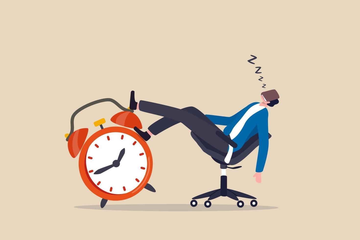 Afternoon slump, laziness and procrastination postpone work to do later, boredom and sleepy work concept, businessman sleeping lay down on office chair and alarm clock covered his face with book. vector