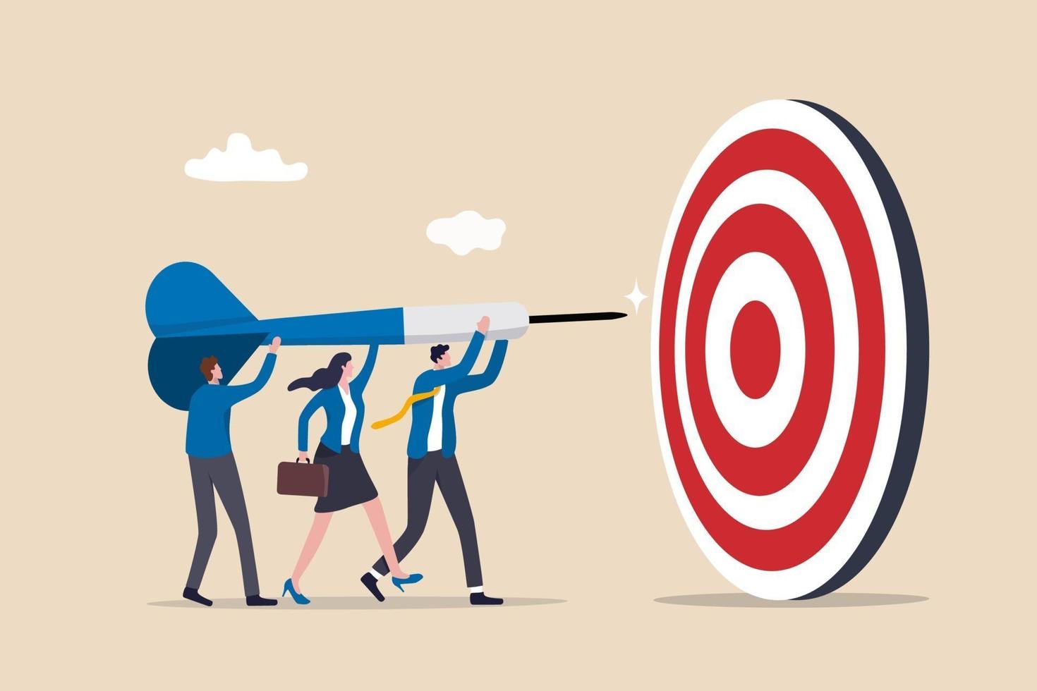 Team business goal, teamwork collaboration to achieve target, coworkers or colleagues with same mission and challenge concept, businessman and woman people help holding dart aiming on bullseye target. vector