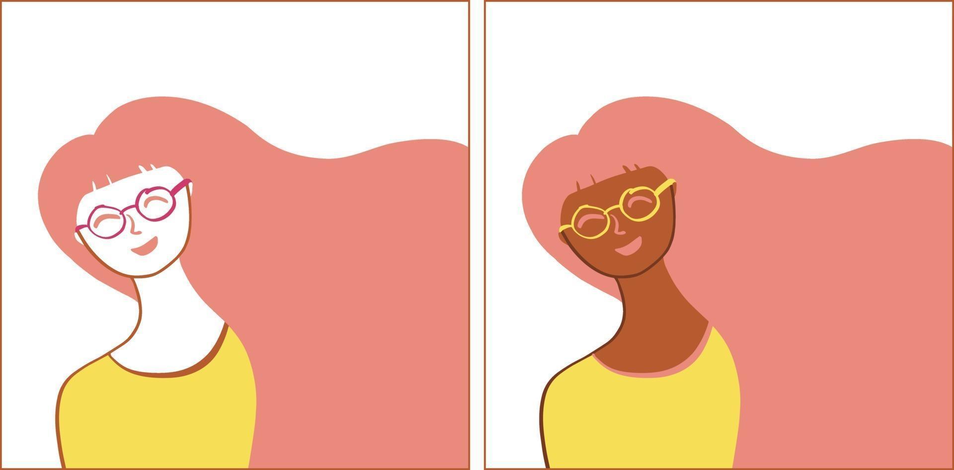 lindo conjunto plano de vector de cara sonriente de niña. diversas chicas con gafas.