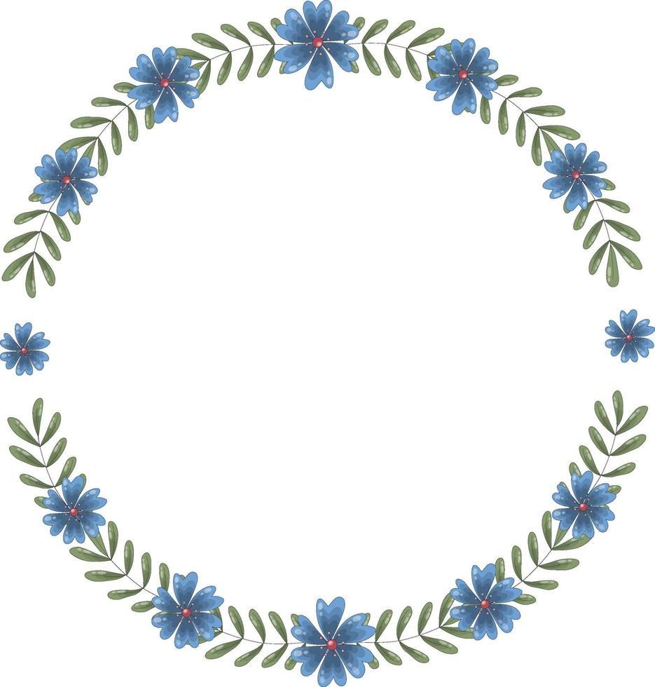 Vector round frame of many green branches with leaves and dark blue flowers. The wreath inside has a place for text.