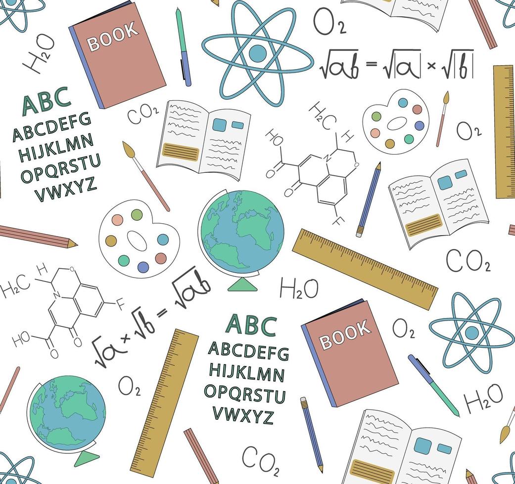 School subjects and objects vector illustration seamless pattern. Perfect for wallpaper, background, fabric or books.