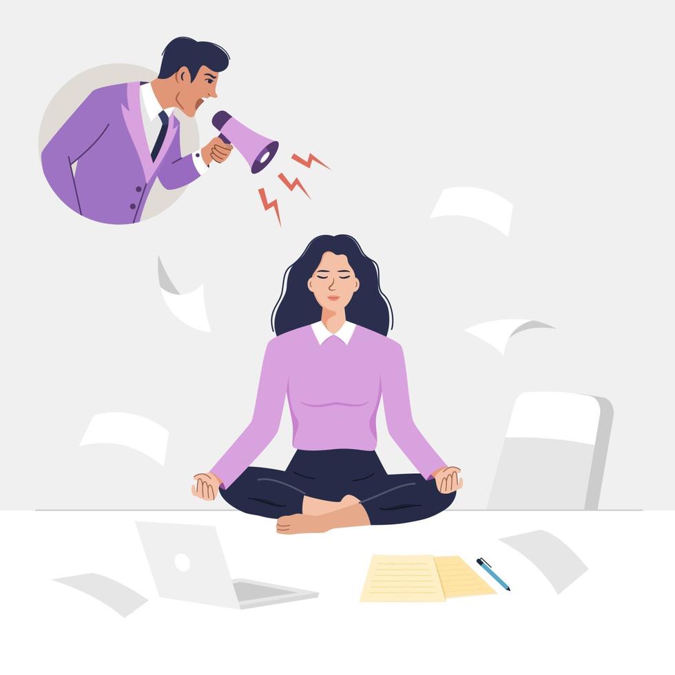 Young woman employee meditates on office desk while angry boss is shouting. vector