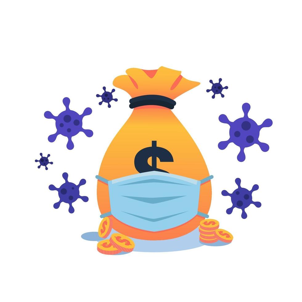 Money bag with face mask to prevent spread of COVID-19 or virus, concept of covid 19 impact on financial, vector illustration