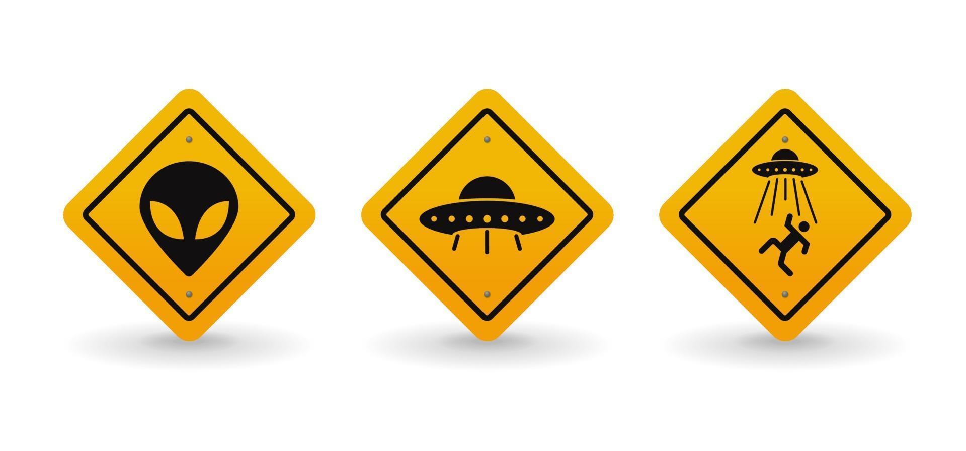 Conjunto de colección de señales de carretera de advertencia de extraterrestres y ovnis, ilustración vectorial vector