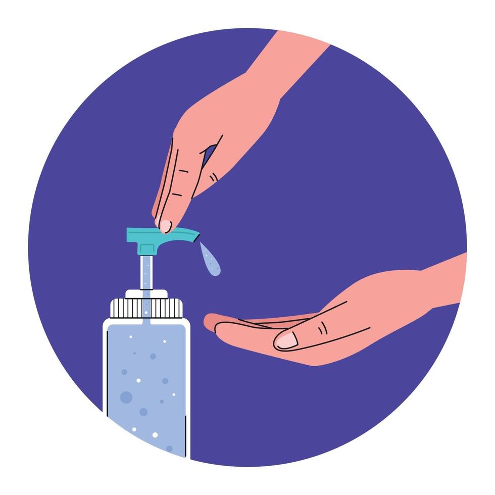Hand pumping alcohol antiseptic gel to clean hands and prevent virus. Flat illustration vector