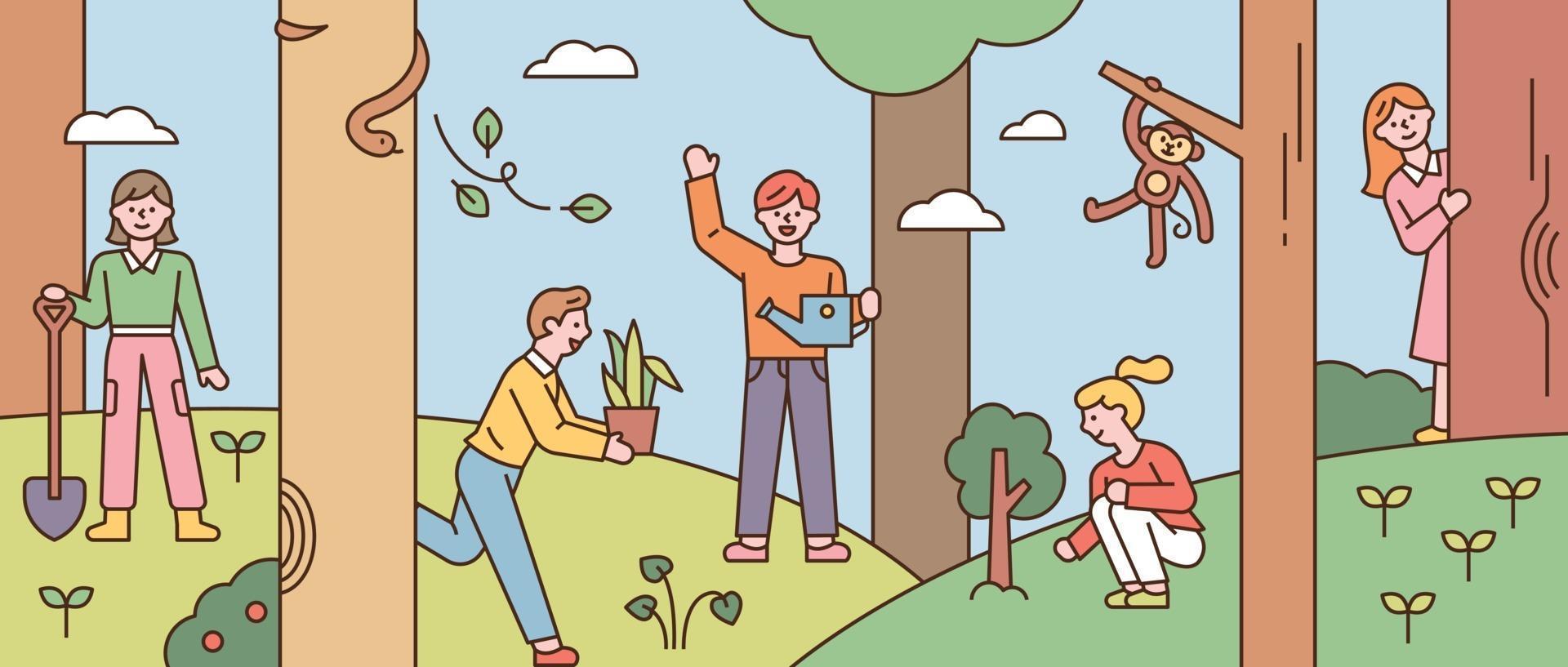 In the forest background, people are taking care of nature. vector