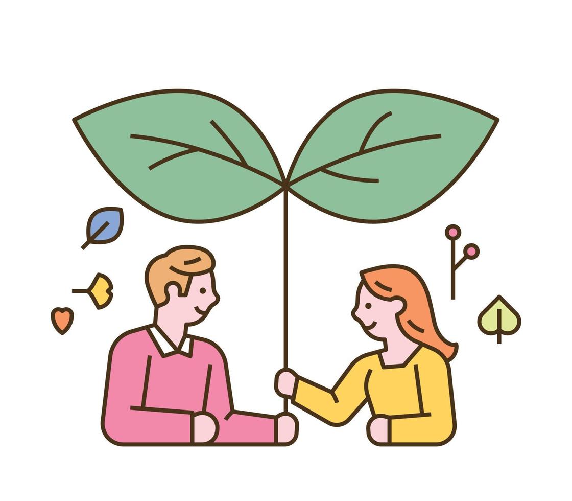 Male and female characters are using large leaves like umbrellas. vector