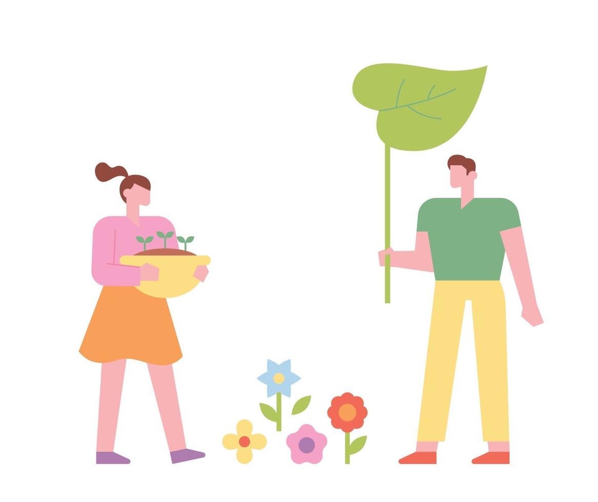 romántico hombre y mujer sosteniendo flores y hojas. vector