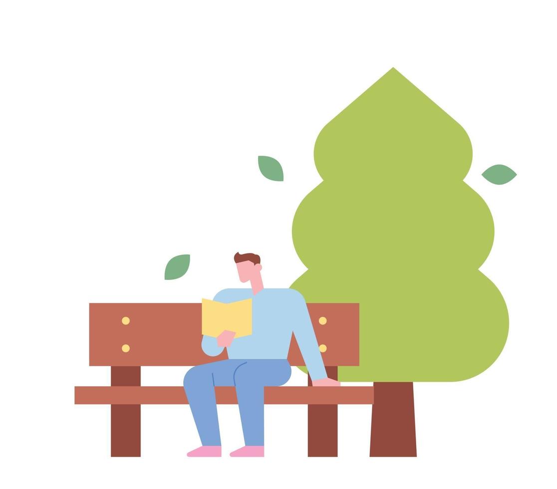 A man is reading a book sitting on a park bench under a tree. vector