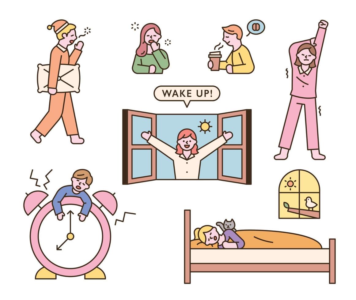 Various reactions of people who wake up in the morning. vector