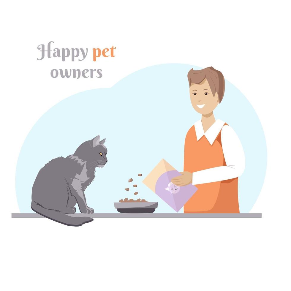 hombre alimentando a su amado gato vector