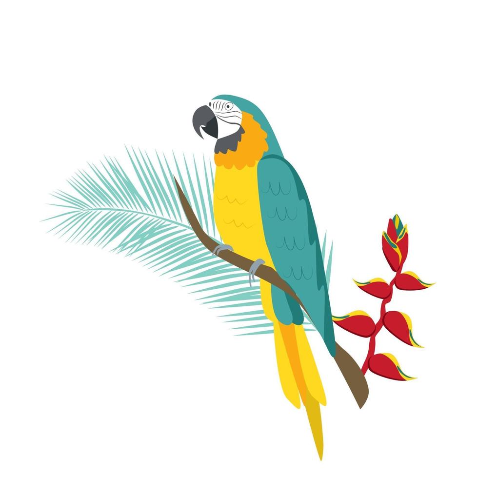 Guacamayo azul y amarillo con flor de heliconia vector